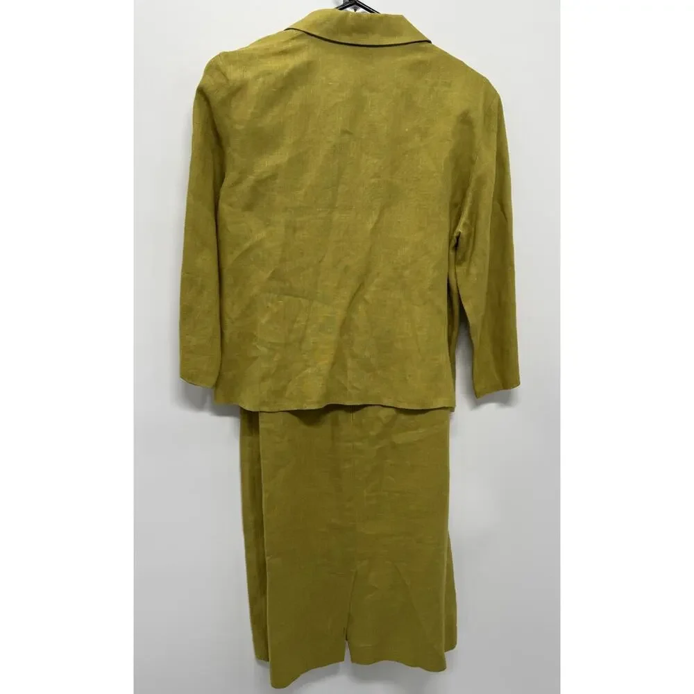 Harve Benard Womens 6 100% Linen Dress Jacket Set Chartreuse Green 2 Piece